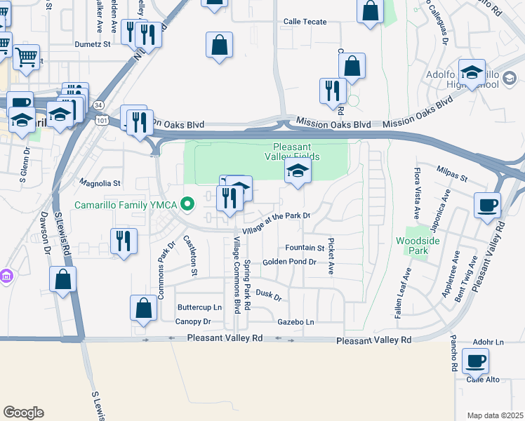 map of restaurants, bars, coffee shops, grocery stores, and more near 3341 Rockhampton Drive in Camarillo