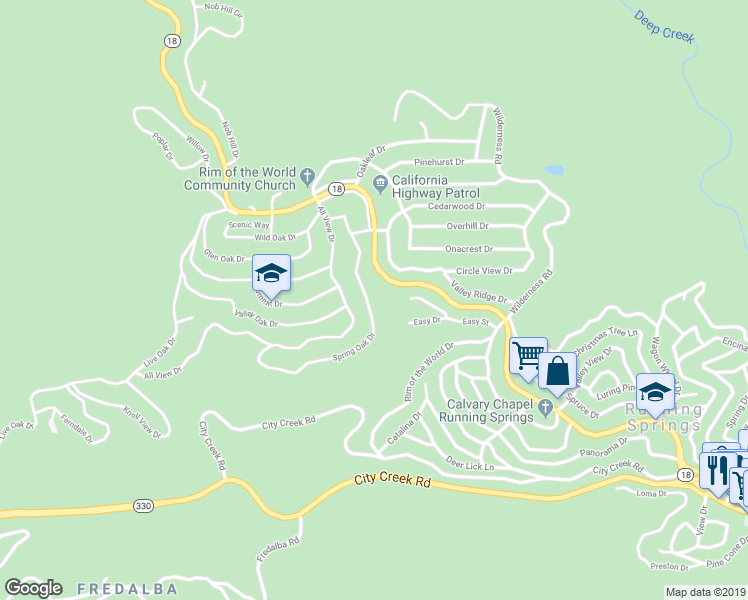 map of restaurants, bars, coffee shops, grocery stores, and more near 2313 Spring Oak Drive in Running Springs