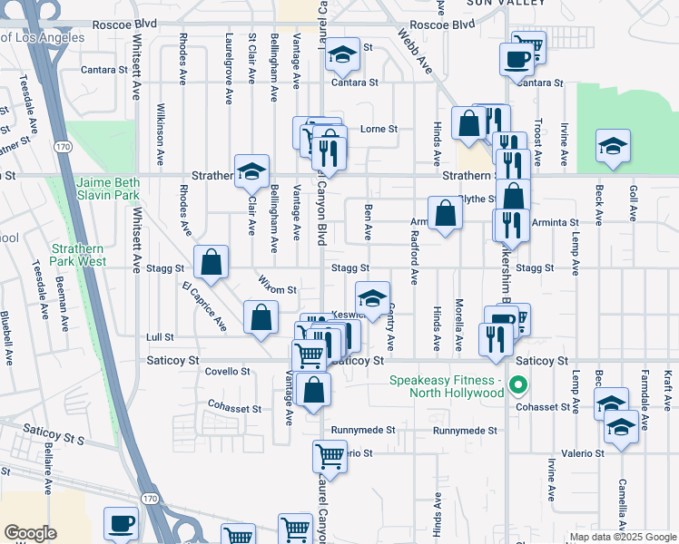 map of restaurants, bars, coffee shops, grocery stores, and more near 12040 Stagg Street in Los Angeles