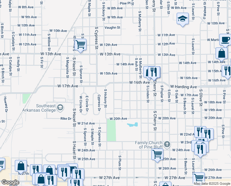 map of restaurants, bars, coffee shops, grocery stores, and more near 1616 West 17th Avenue in Pine Bluff