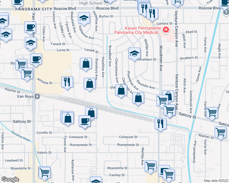 map of restaurants, bars, coffee shops, grocery stores, and more near 13941 Stroud Street in Los Angeles