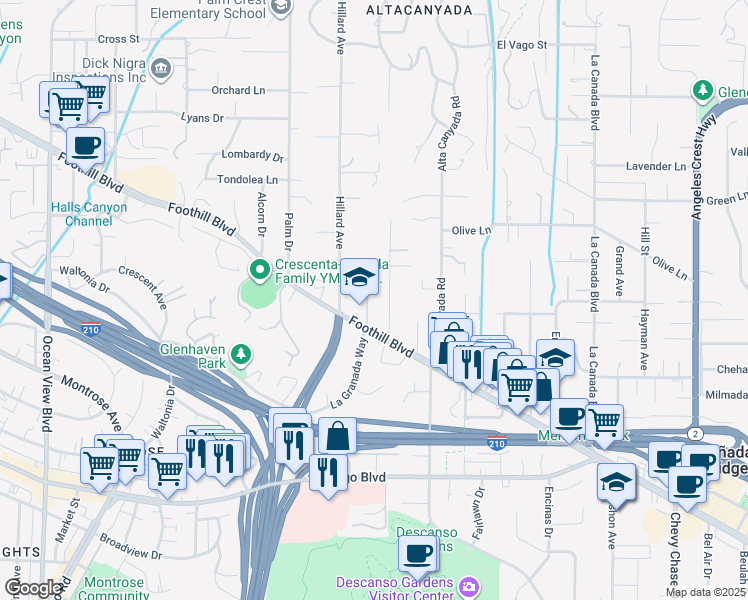 map of restaurants, bars, coffee shops, grocery stores, and more near 4526 La Granada Way in La Cañada Flintridge
