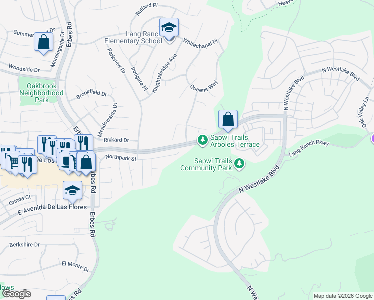 map of restaurants, bars, coffee shops, grocery stores, and more near 2515 Northpark Street in Thousand Oaks