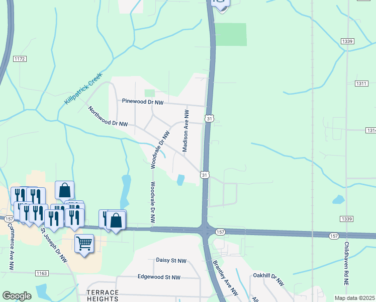 map of restaurants, bars, coffee shops, grocery stores, and more near 2122 Madison Avenue Northwest in Cullman