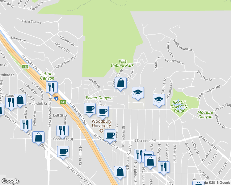 map of restaurants, bars, coffee shops, grocery stores, and more near 9558 Vía Milano in Burbank