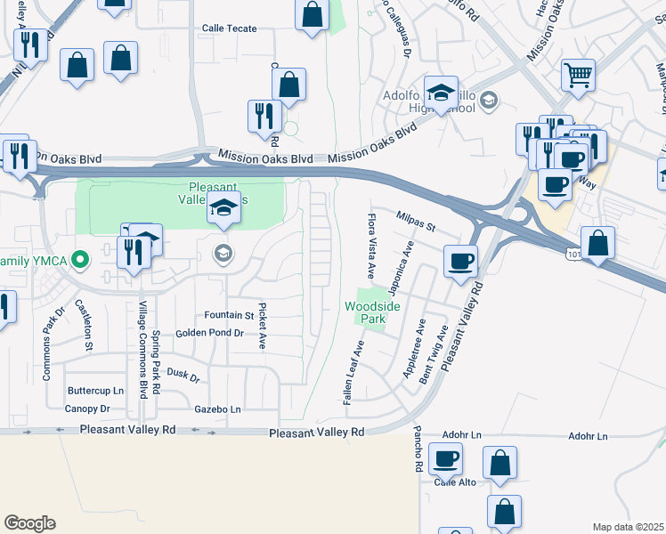 map of restaurants, bars, coffee shops, grocery stores, and more near 8 Via Rosal in Camarillo