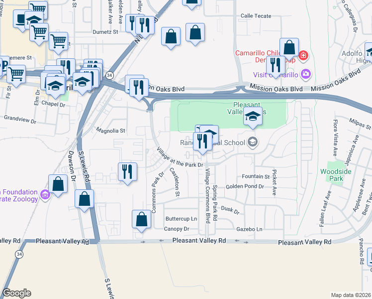 map of restaurants, bars, coffee shops, grocery stores, and more near 259 Riverdale Court in Camarillo