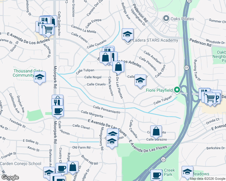 map of restaurants, bars, coffee shops, grocery stores, and more near 2460 Calle Narciso in Thousand Oaks
