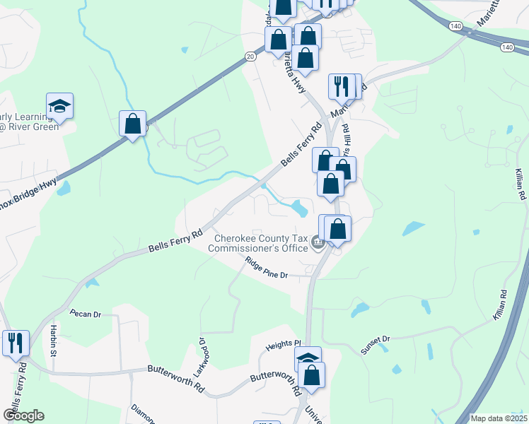 map of restaurants, bars, coffee shops, grocery stores, and more near 114 Cessna Drive in Canton