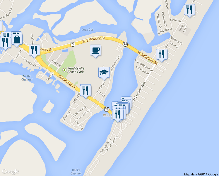 map of restaurants, bars, coffee shops, grocery stores, and more near 202 N Channel Dr in Wrightsville Beach