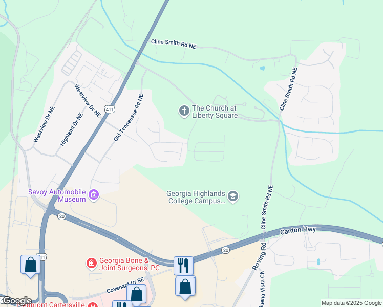 map of restaurants, bars, coffee shops, grocery stores, and more near 200 Eva Way in Cartersville