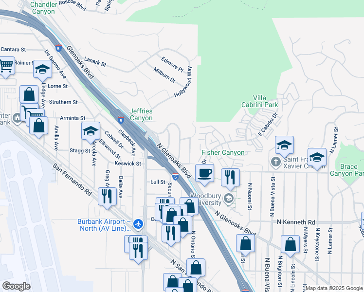 map of restaurants, bars, coffee shops, grocery stores, and more near 7762 Shadyspring Drive in Burbank