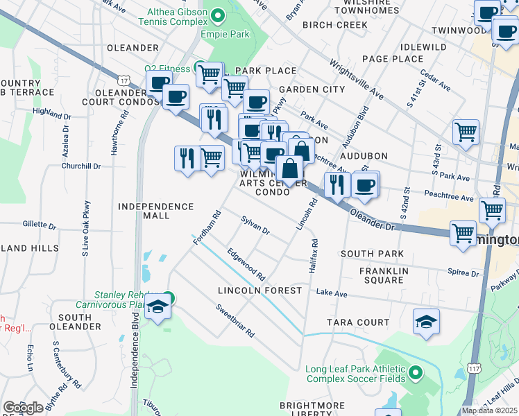 map of restaurants, bars, coffee shops, grocery stores, and more near 3824 Halifax Road in Wilmington