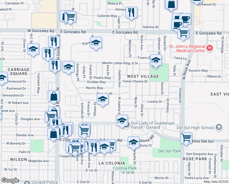 map of restaurants, bars, coffee shops, grocery stores, and more near 927 Morado Place in Oxnard