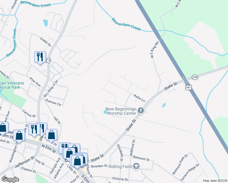 map of restaurants, bars, coffee shops, grocery stores, and more near 302 Highland Estates in Commerce