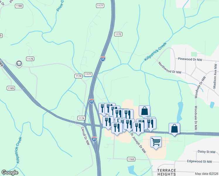 map of restaurants, bars, coffee shops, grocery stores, and more near 2374 Alabama 157 in Cullman
