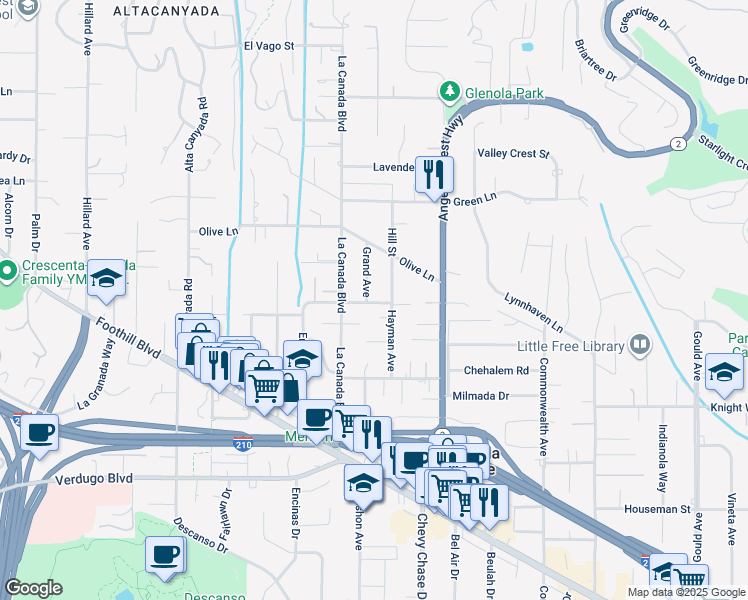 map of restaurants, bars, coffee shops, grocery stores, and more near 4800 Grand Avenue in La Cañada Flintridge