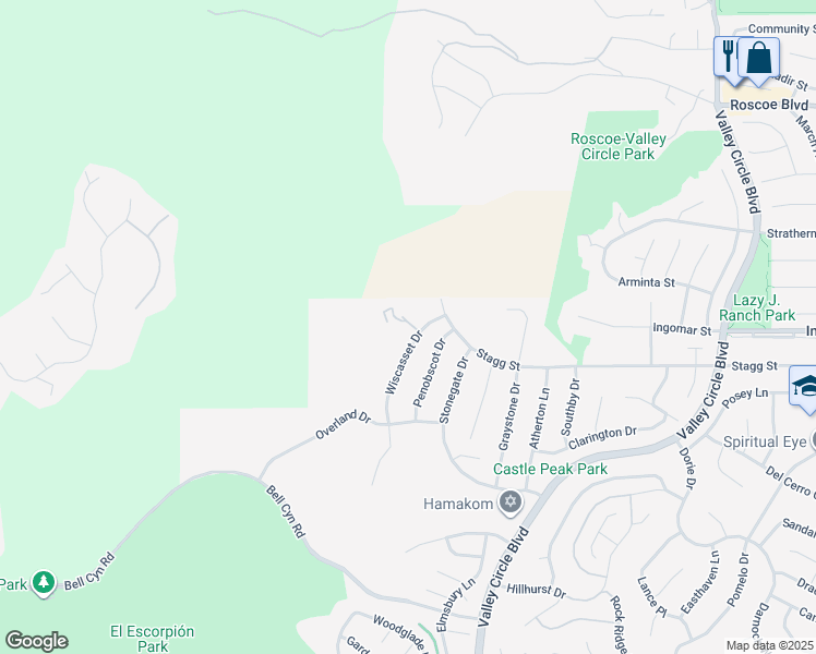map of restaurants, bars, coffee shops, grocery stores, and more near 7631 Wiscasset Drive in Los Angeles