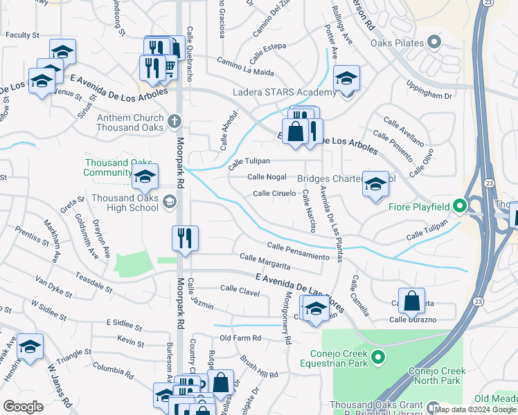 map of restaurants, bars, coffee shops, grocery stores, and more near 851 Calle Tulipan in Thousand Oaks