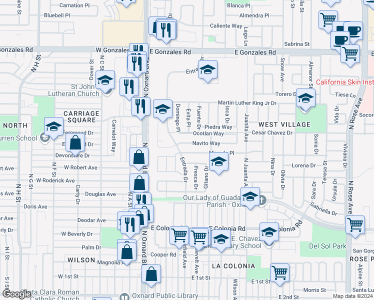 map of restaurants, bars, coffee shops, grocery stores, and more near 437 Morado Place in Oxnard