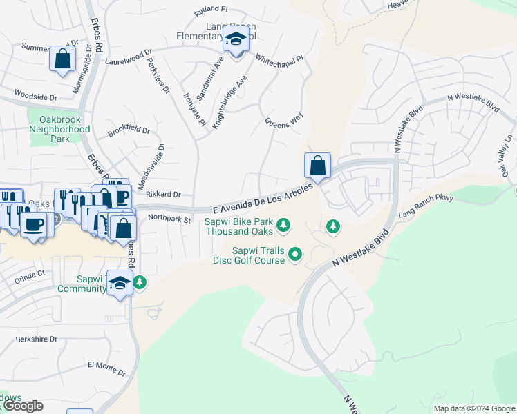 map of restaurants, bars, coffee shops, grocery stores, and more near 2515 Northpark Street in Thousand Oaks