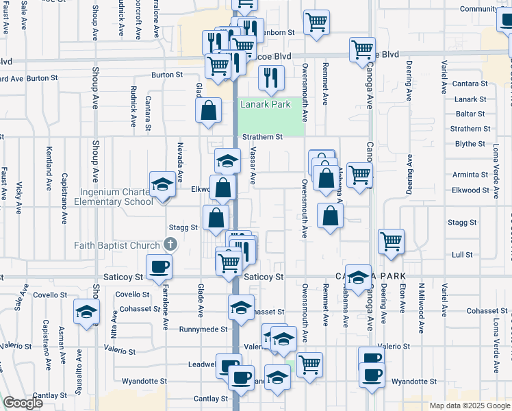 map of restaurants, bars, coffee shops, grocery stores, and more near 7803 Vassar Avenue in Los Angeles