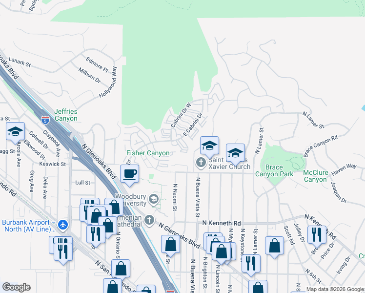 map of restaurants, bars, coffee shops, grocery stores, and more near 7770 Vía Rosa Maria in Burbank