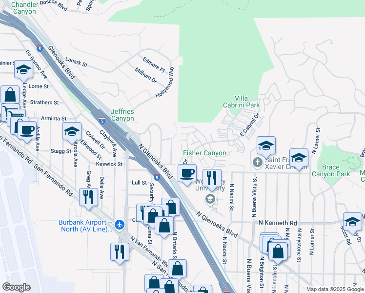 map of restaurants, bars, coffee shops, grocery stores, and more near 7773 Vía Catalina in Burbank