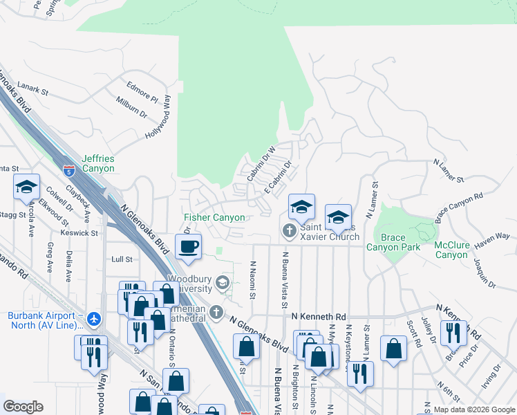 map of restaurants, bars, coffee shops, grocery stores, and more near 9558 Vía Milano in Burbank