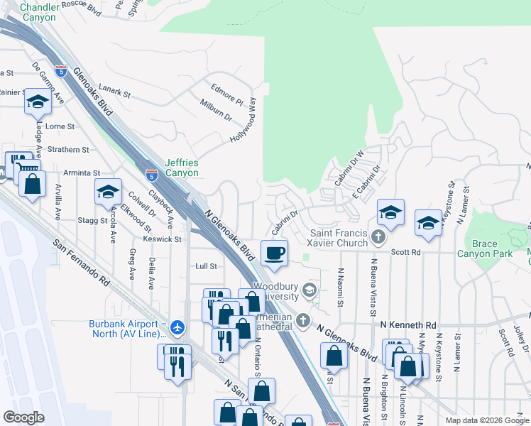 map of restaurants, bars, coffee shops, grocery stores, and more near 7773 Vía Catalina in Burbank