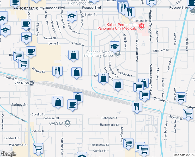 map of restaurants, bars, coffee shops, grocery stores, and more near 13941 Stroud Street in Los Angeles
