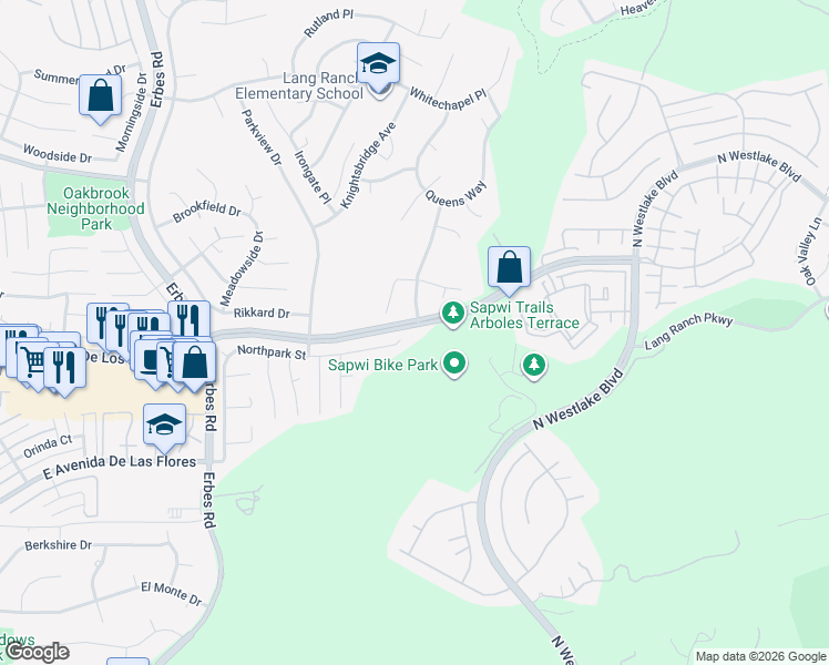 map of restaurants, bars, coffee shops, grocery stores, and more near 2515 Northpark Street in Thousand Oaks