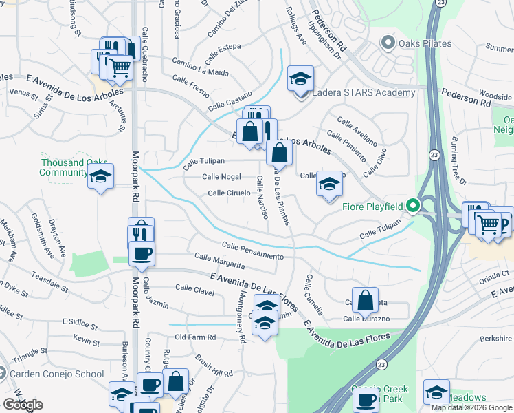 map of restaurants, bars, coffee shops, grocery stores, and more near 2460 Calle Narciso in Thousand Oaks