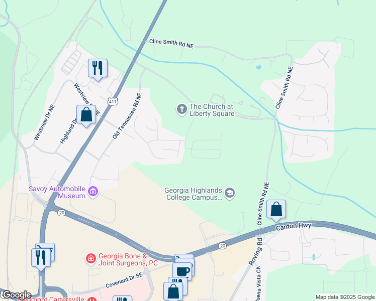 map of restaurants, bars, coffee shops, grocery stores, and more near 200 Eva Way in Cartersville