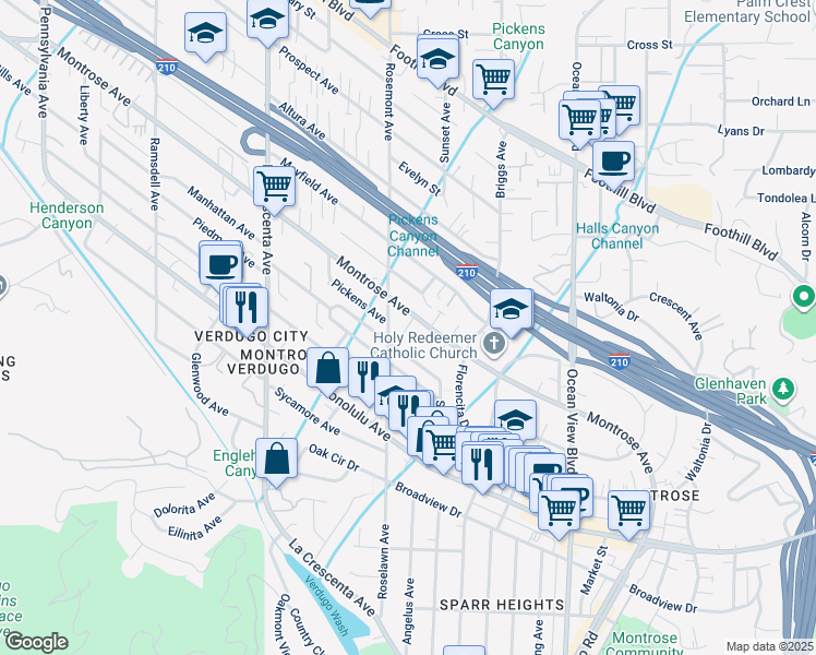 map of restaurants, bars, coffee shops, grocery stores, and more near 2528 Montrose Avenue in La Crescenta-Montrose