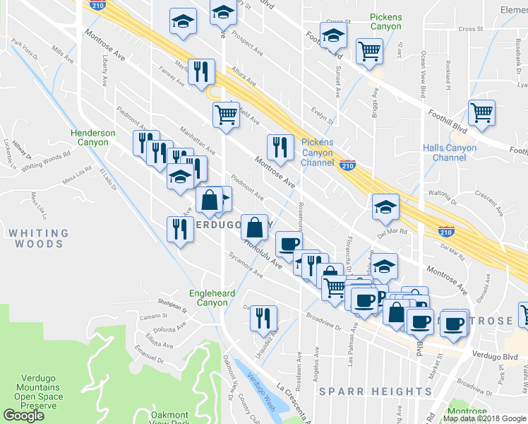 map of restaurants, bars, coffee shops, grocery stores, and more near 2658 Piedmont Avenue in Glendale