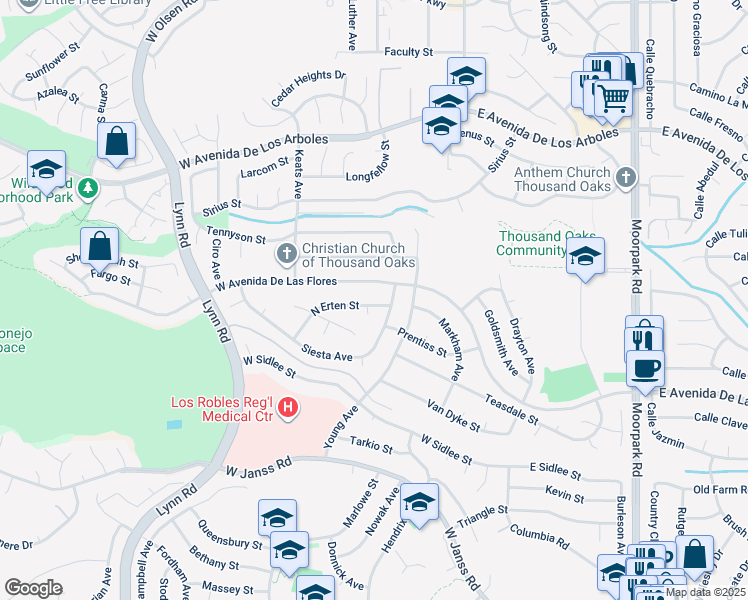 map of restaurants, bars, coffee shops, grocery stores, and more near 125 Erten Street in Thousand Oaks