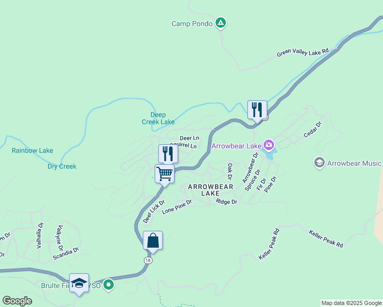 map of restaurants, bars, coffee shops, grocery stores, and more near 2289 Blue Jay Lane in Running Springs