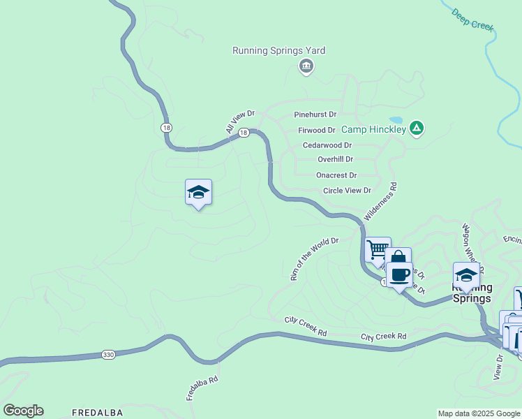map of restaurants, bars, coffee shops, grocery stores, and more near Spring Oak Drive in Running Springs