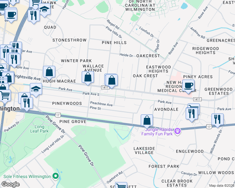 map of restaurants, bars, coffee shops, grocery stores, and more near 5040A Wrightsville Avenue in Wilmington