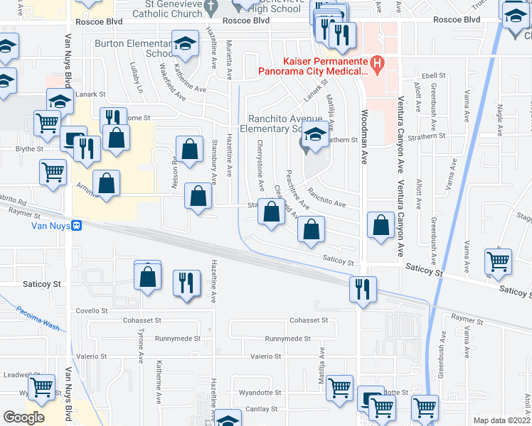 map of restaurants, bars, coffee shops, grocery stores, and more near 13941 Stroud Street in Los Angeles