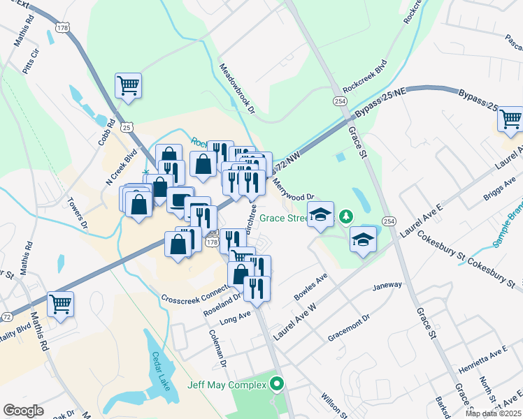 map of restaurants, bars, coffee shops, grocery stores, and more near 100-186 Birchtree Dr in Greenwood