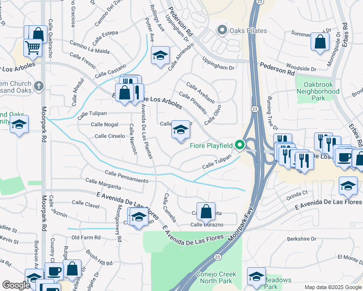 map of restaurants, bars, coffee shops, grocery stores, and more near 1335 Calle Bouganvilla in Thousand Oaks