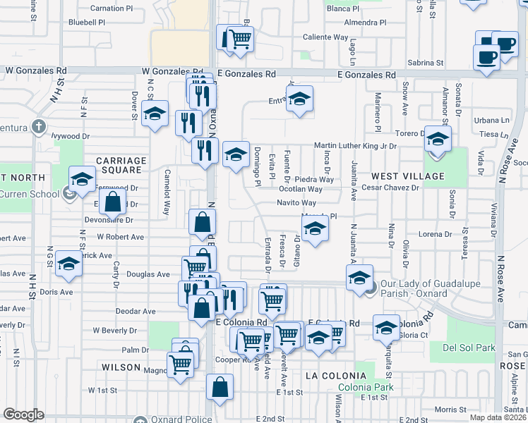 map of restaurants, bars, coffee shops, grocery stores, and more near 417 Morado Place in Oxnard