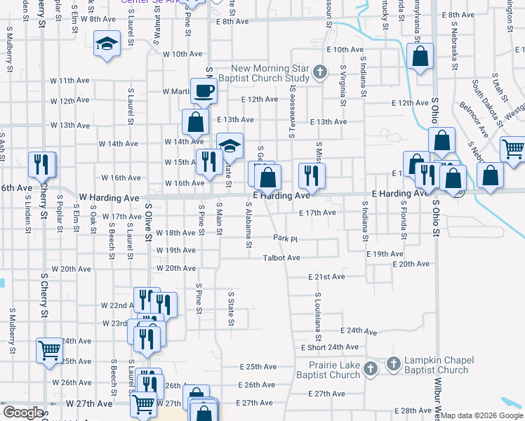 map of restaurants, bars, coffee shops, grocery stores, and more near 211 Rutherford Place in Pine Bluff