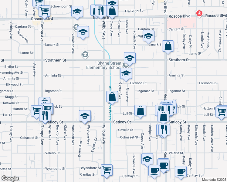 map of restaurants, bars, coffee shops, grocery stores, and more near Ingomar Street in Los Angeles