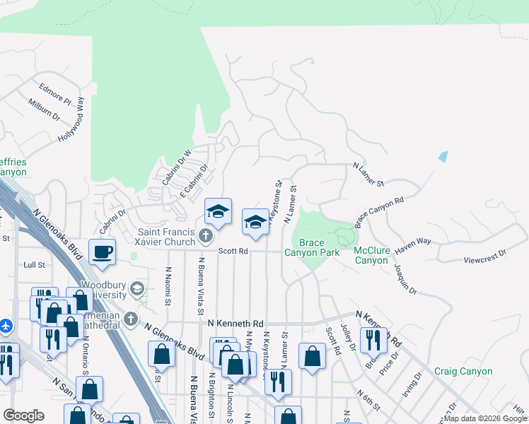 map of restaurants, bars, coffee shops, grocery stores, and more near 3006 Trudi Lane in Burbank