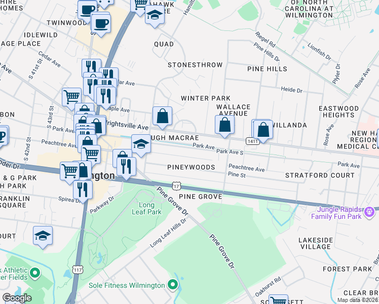 map of restaurants, bars, coffee shops, grocery stores, and more near 4920 Park Avenue in Wilmington
