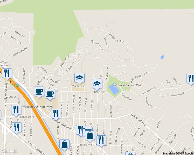 map of restaurants, bars, coffee shops, grocery stores, and more near 3006 Trudi Lane in Burbank