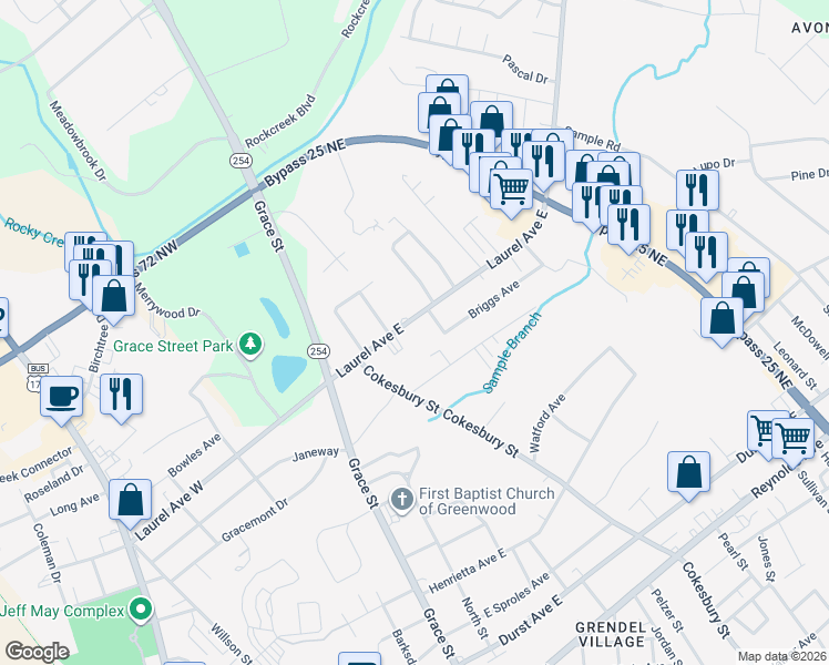 map of restaurants, bars, coffee shops, grocery stores, and more near 120 Laurel Avenue East in Greenwood